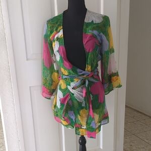 Diane Von Furstenberg x Andy Warhol Green Floral Silk-Cotton Robe / CoverUp